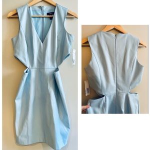 NWT leather cut out dress faux pastel baby blue classic v neck hollow out M 7-8